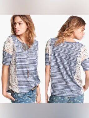 We The Free Blue Striped Tee with Cream Lace Side Panels